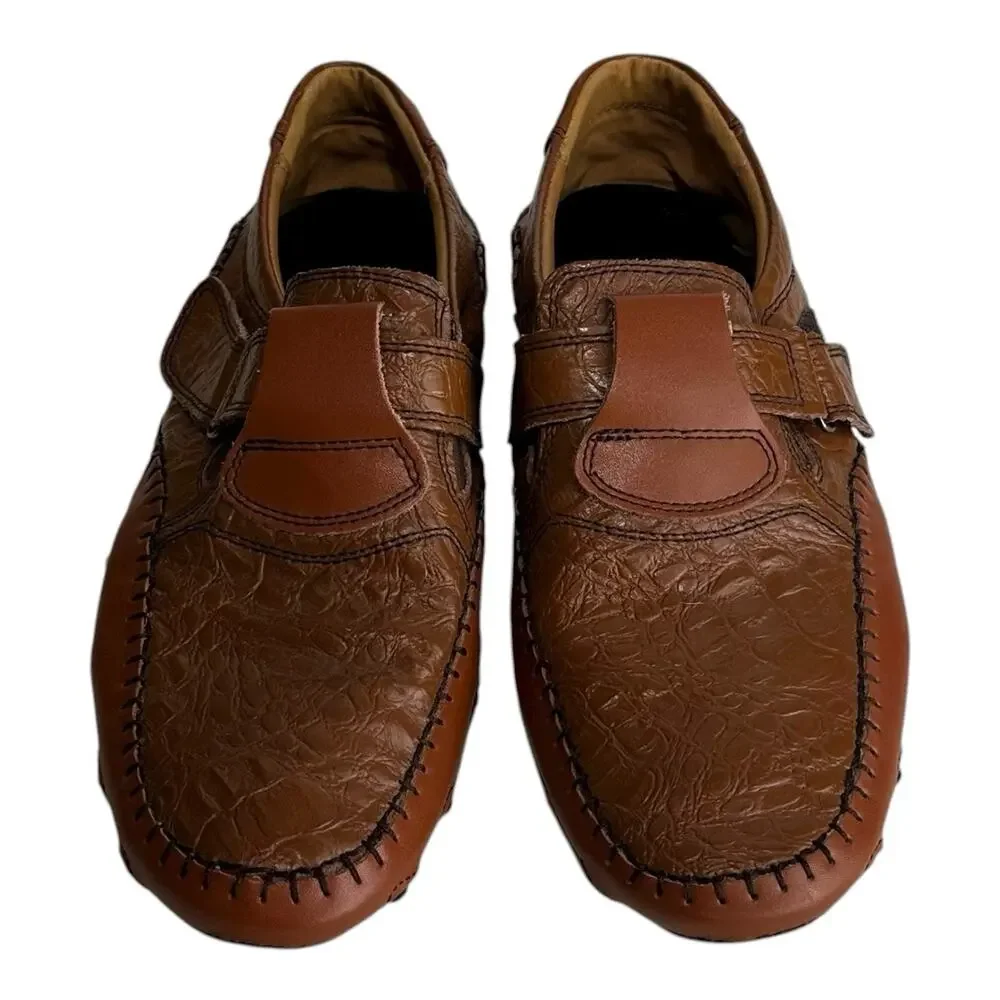 Brown Leather embossed Loafers Slip on Driving Shoes Size 10